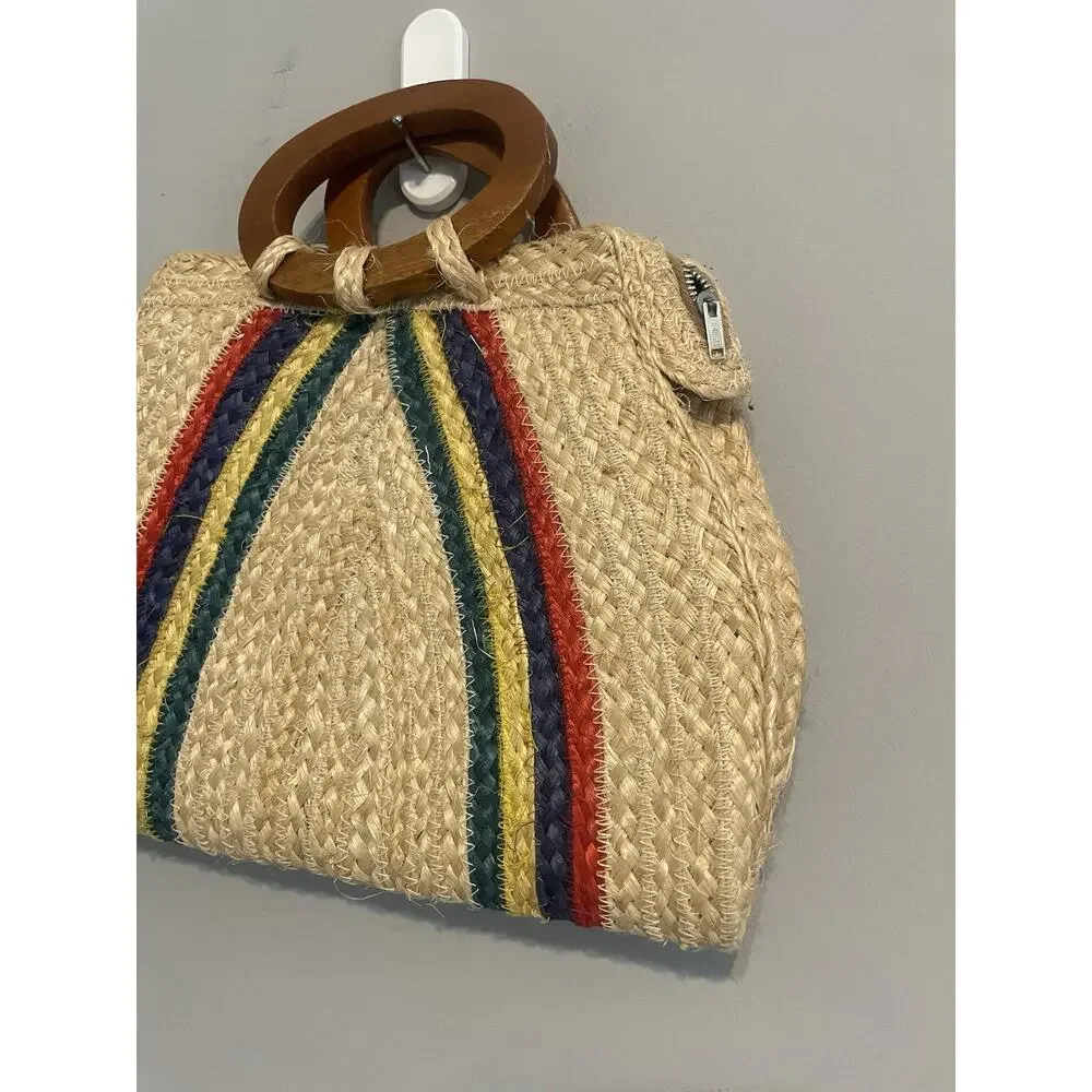 STRIPED STRAW‎ WOVEN SATCHEL TOTE HANDMADE HANDBAG MULTICOLOR Handmade